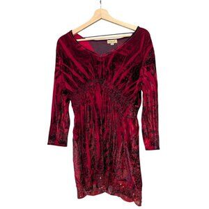 One World Womens Red Velvet Long Sleeve Dress With Sequin Hem Size L